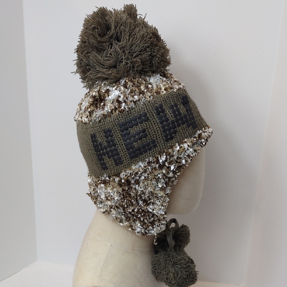 Robin Ruth New York Beanie Brown/Tan Ear Flap With Tie Pom Poms NWT
